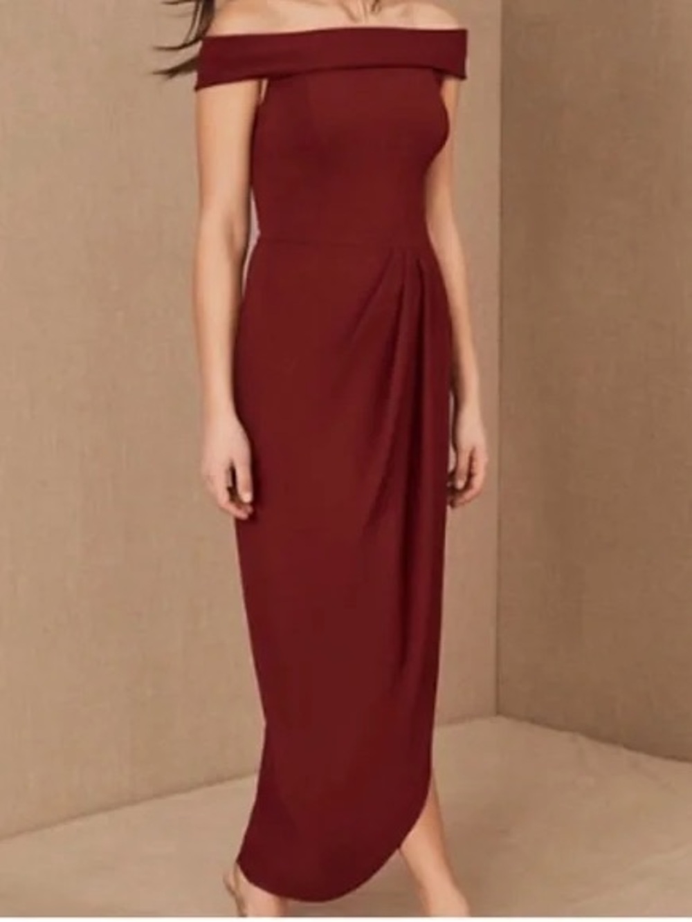 BHLDN Thompson Dress Burgundy Off Shoulder Midi Formal Wedding Guest Size 0